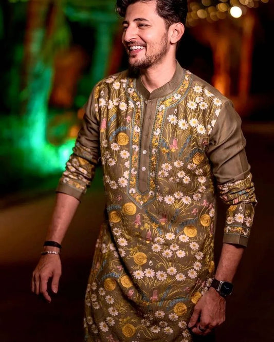 Green Embroidery Party Kurta