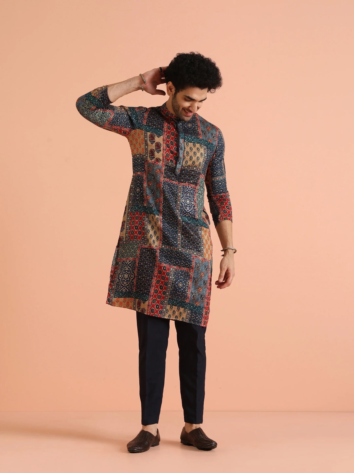 Men Navy Blue Printed Kurta