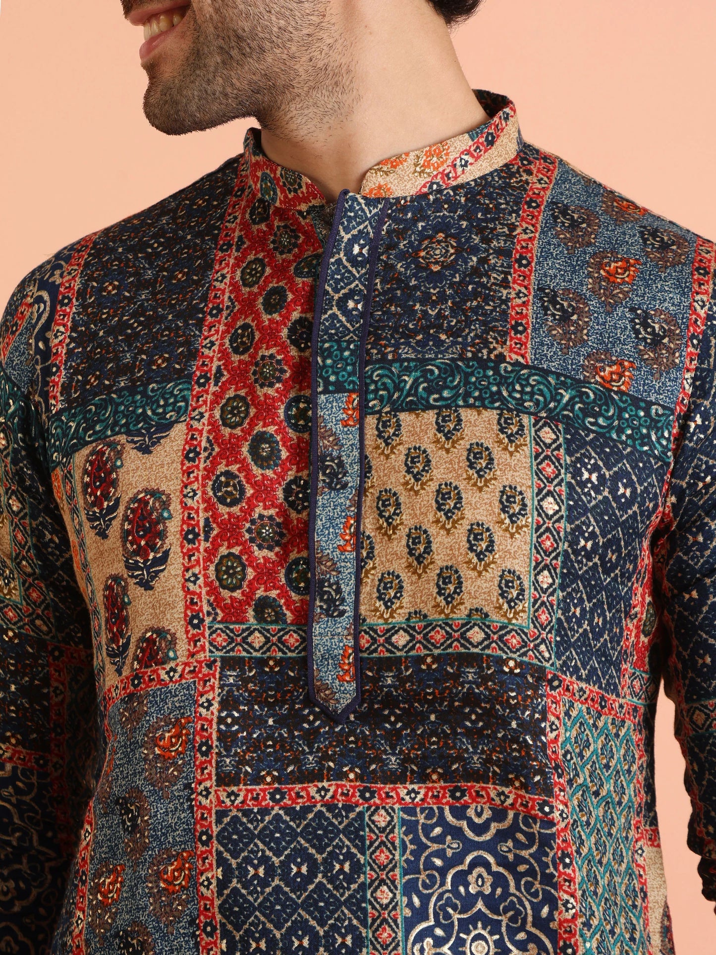 Men Navy Blue Printed Kurta