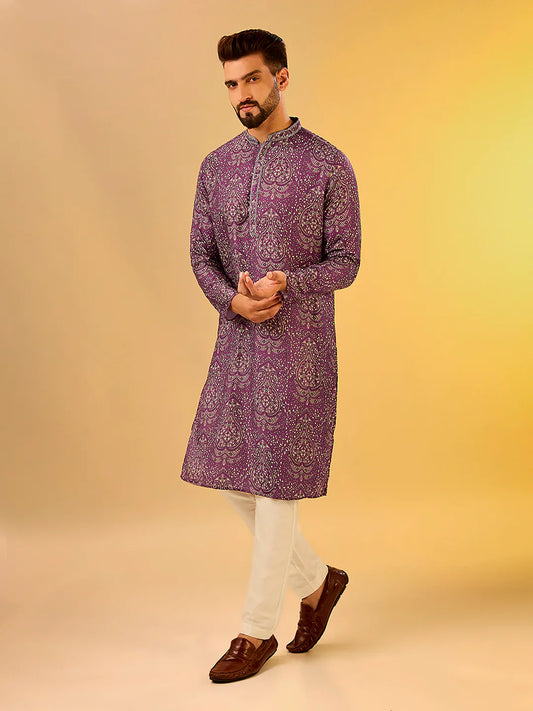 Men Burgandy Printed Kurta