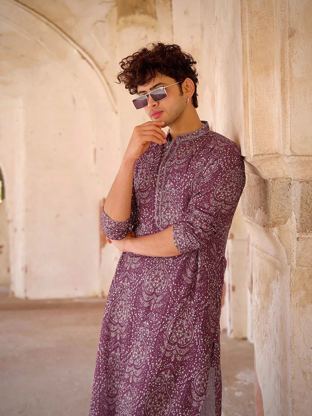 Men Burgandy Printed Kurta