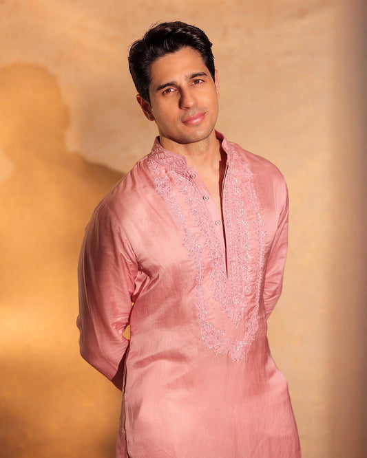 Pink Resham Embroidered Silk Kurta