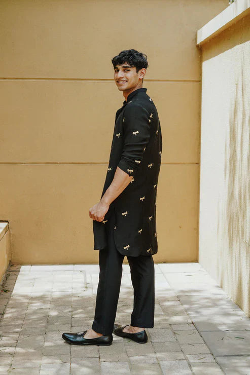 Black Dragonfly Embroidery Worked Wedding Kurta