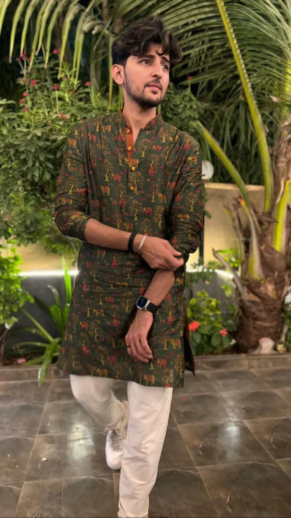 Olive Green Silk Printed Festive Kurta